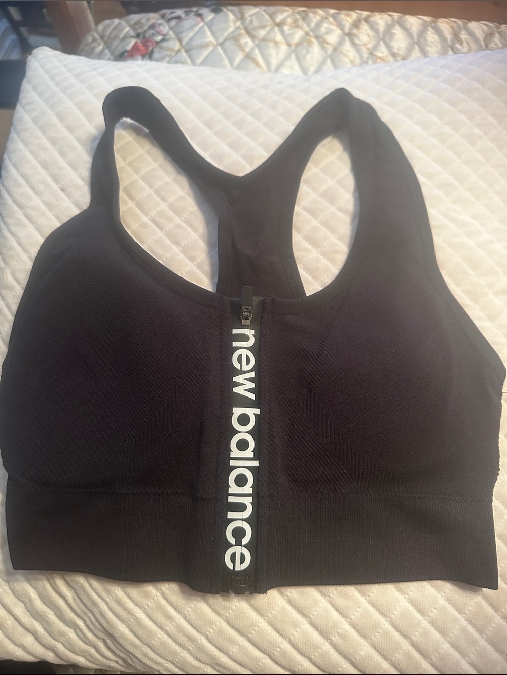 New Balance Black Front-Zip Racerback Sports Bra with White Logo